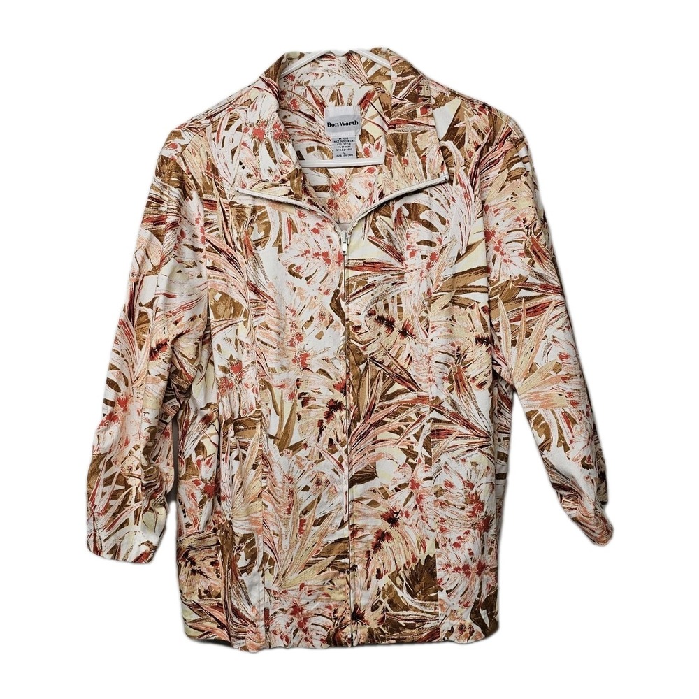 Bon Worth Womens Large Artsy Pattern Full Zip Lightweight Jacket 3/4 Sleeve EUC